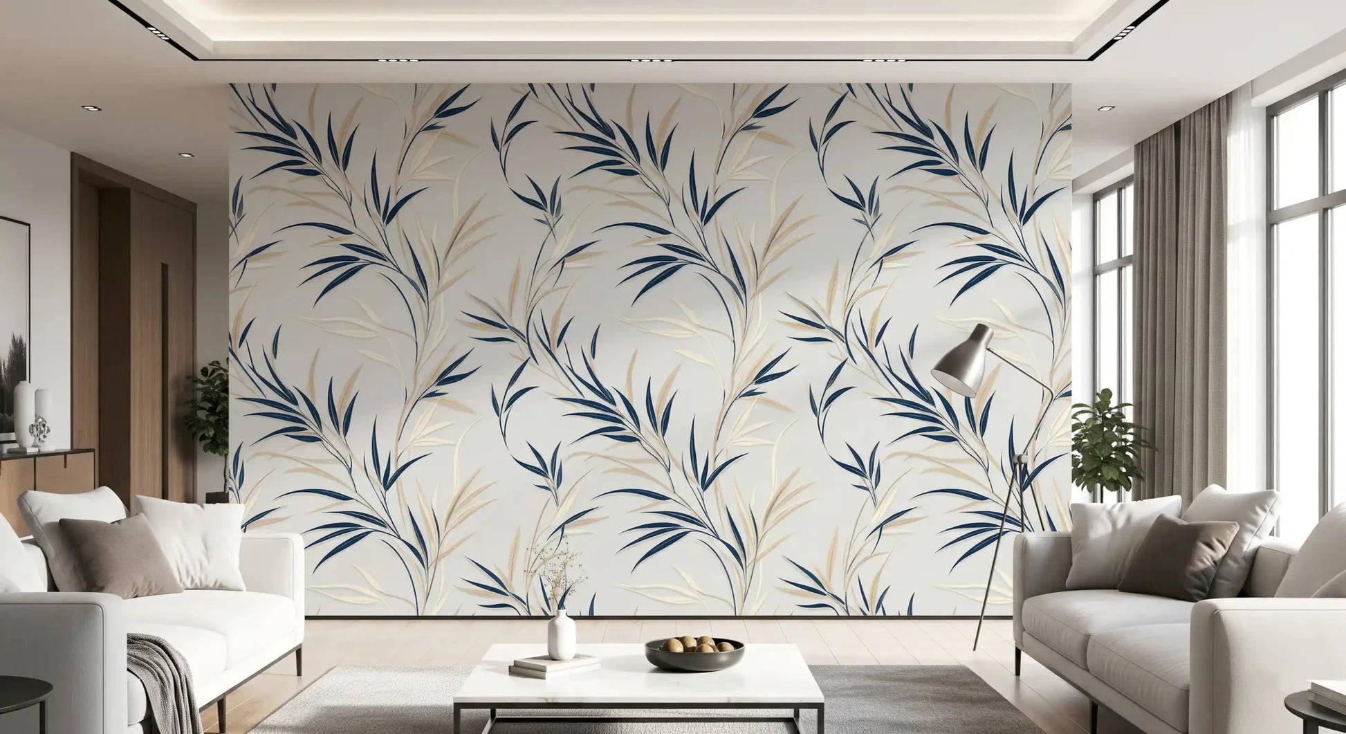 Calm botanical wall mural with leaf sway detail in navy and cream, GD9031
