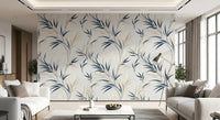 Calm botanical wall mural with leaf sway detail in navy and cream, GD9031