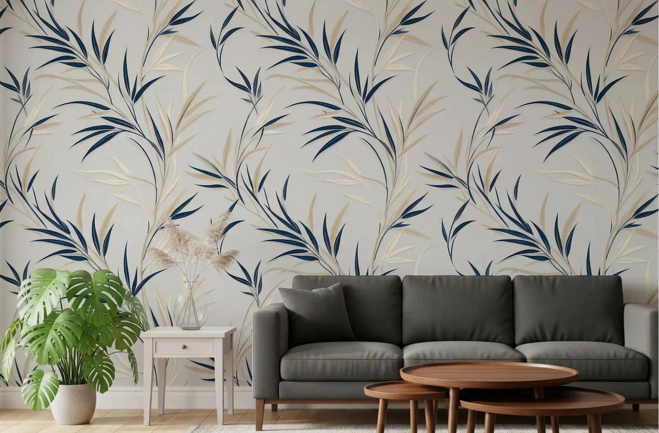 Living room with Serene Leaf Sway Wall Mural in navy leaf layers