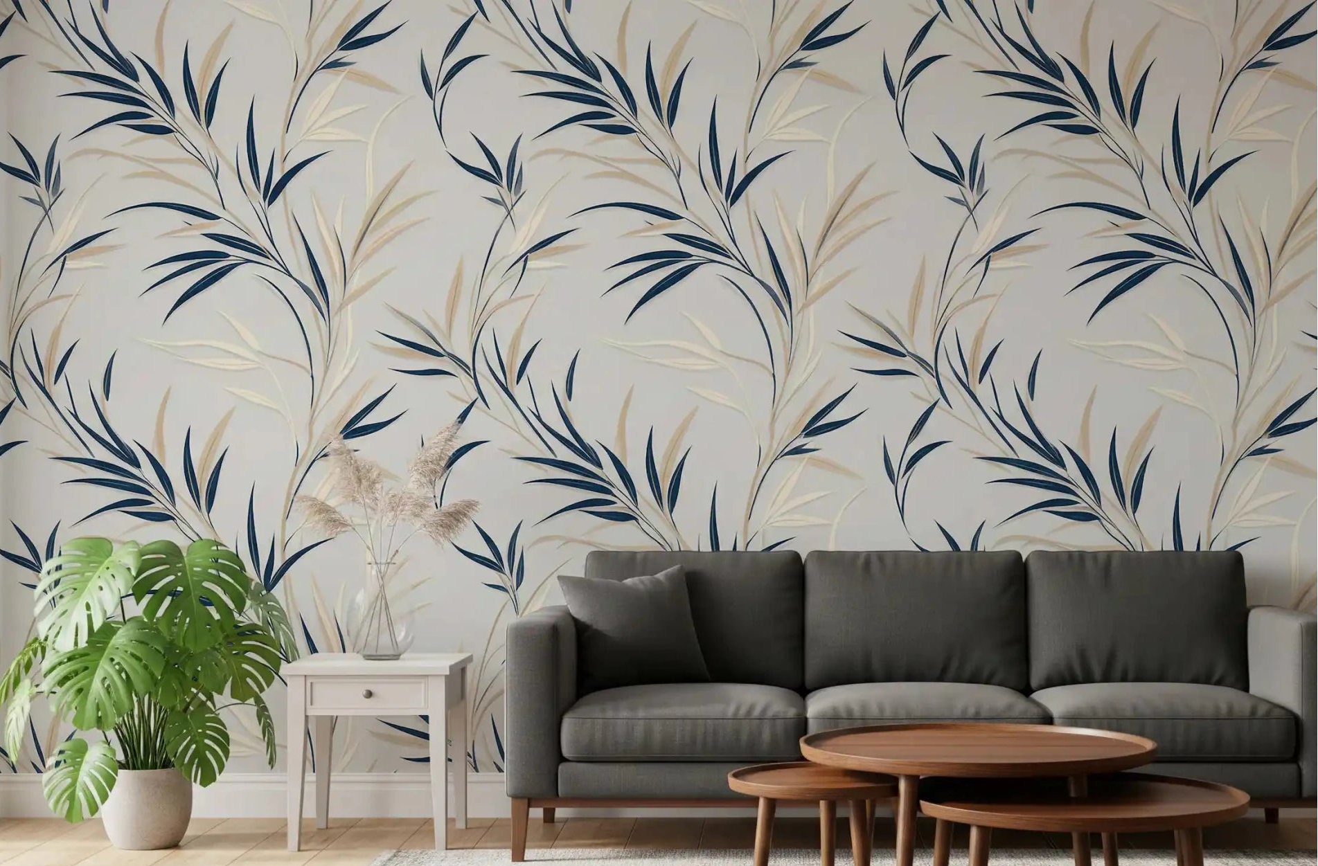 Living room with Serene Leaf Sway Wall Mural in navy leaf layers, GD9031