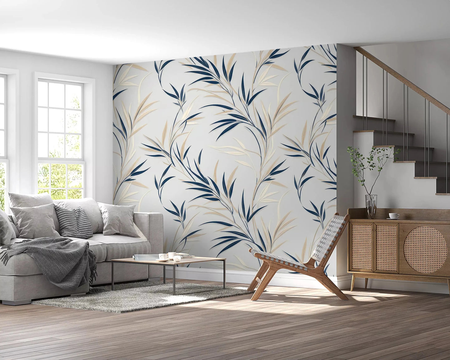 Living room using Serene Leaf Sway Wall Mural in beige and ivory tones, GD9031