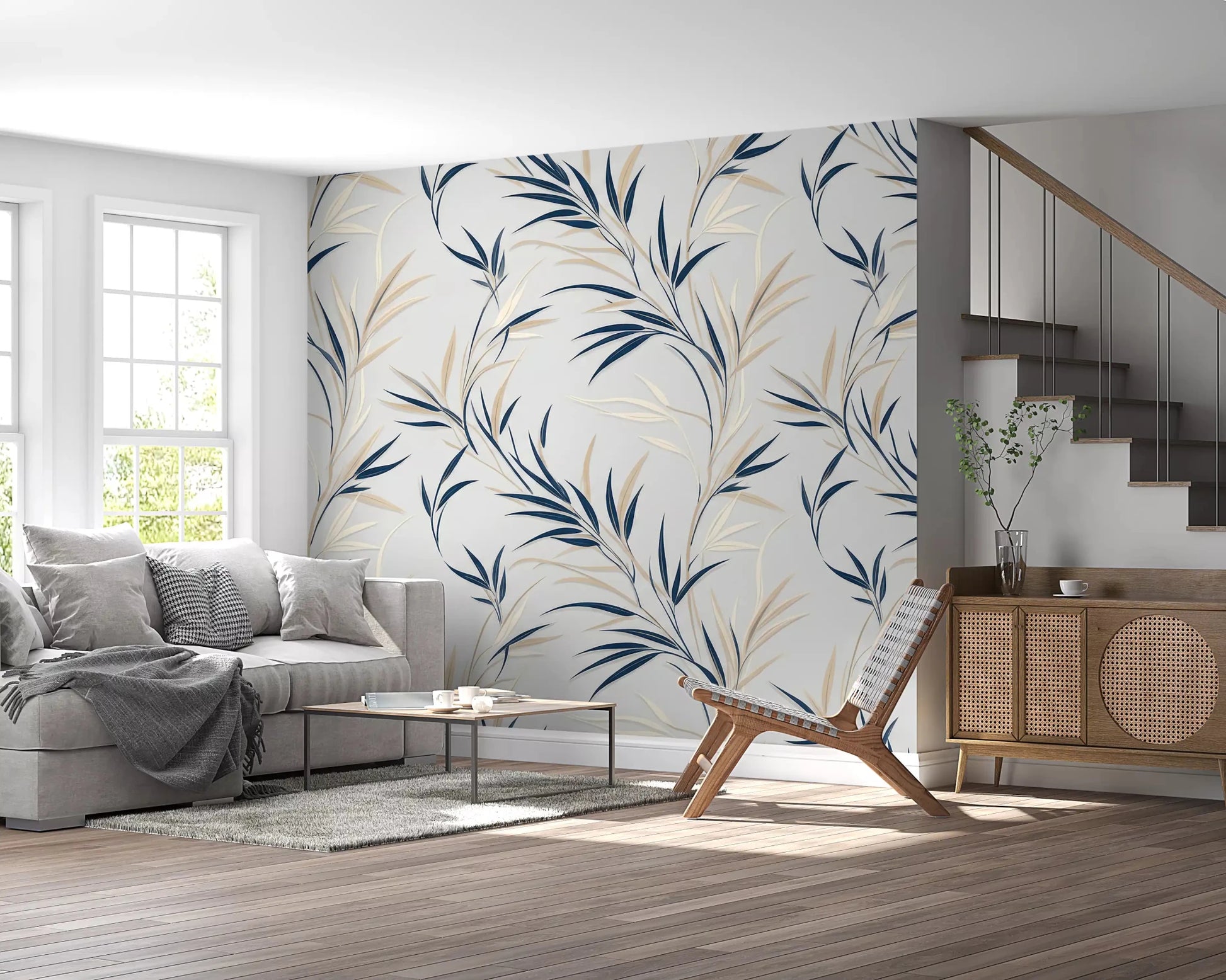 Living room using Serene Leaf Sway Wall Mural in beige and ivory tones, GD9031