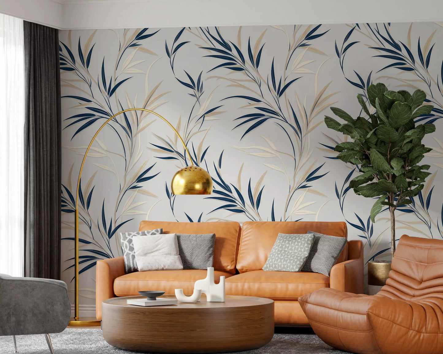 Serene Leaf Sway Wall Mural with navy botanical leaves on a pale base, GD9031
