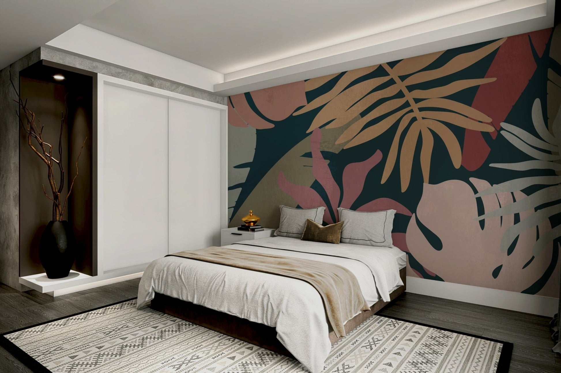 A beautiful serene leaf wallpaper mural for a modern home.

