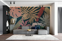 An artistic lush foliage mural on minimalist wallpaper.

