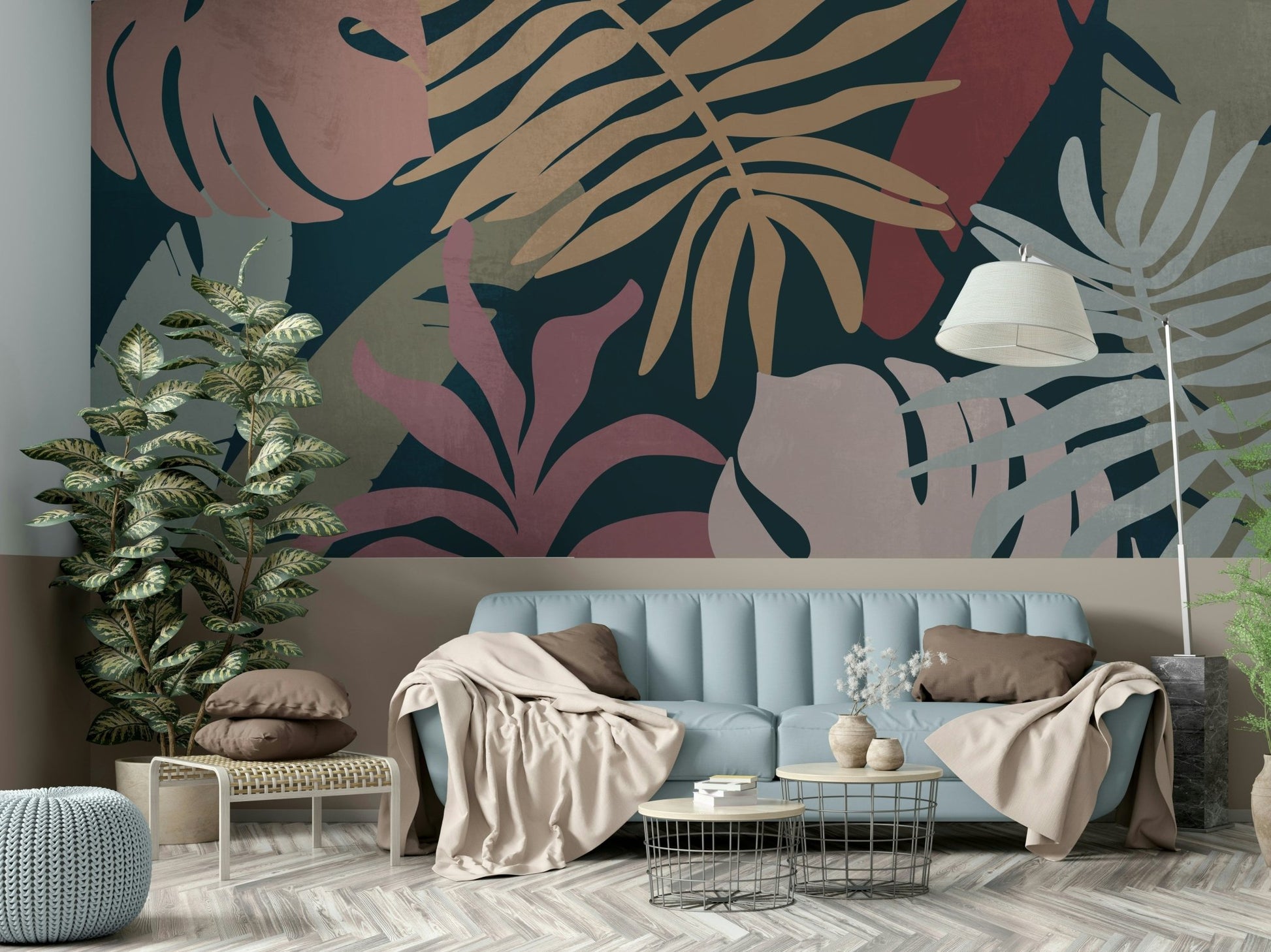 A calming foliage design wallpaper mural that defines a space.

