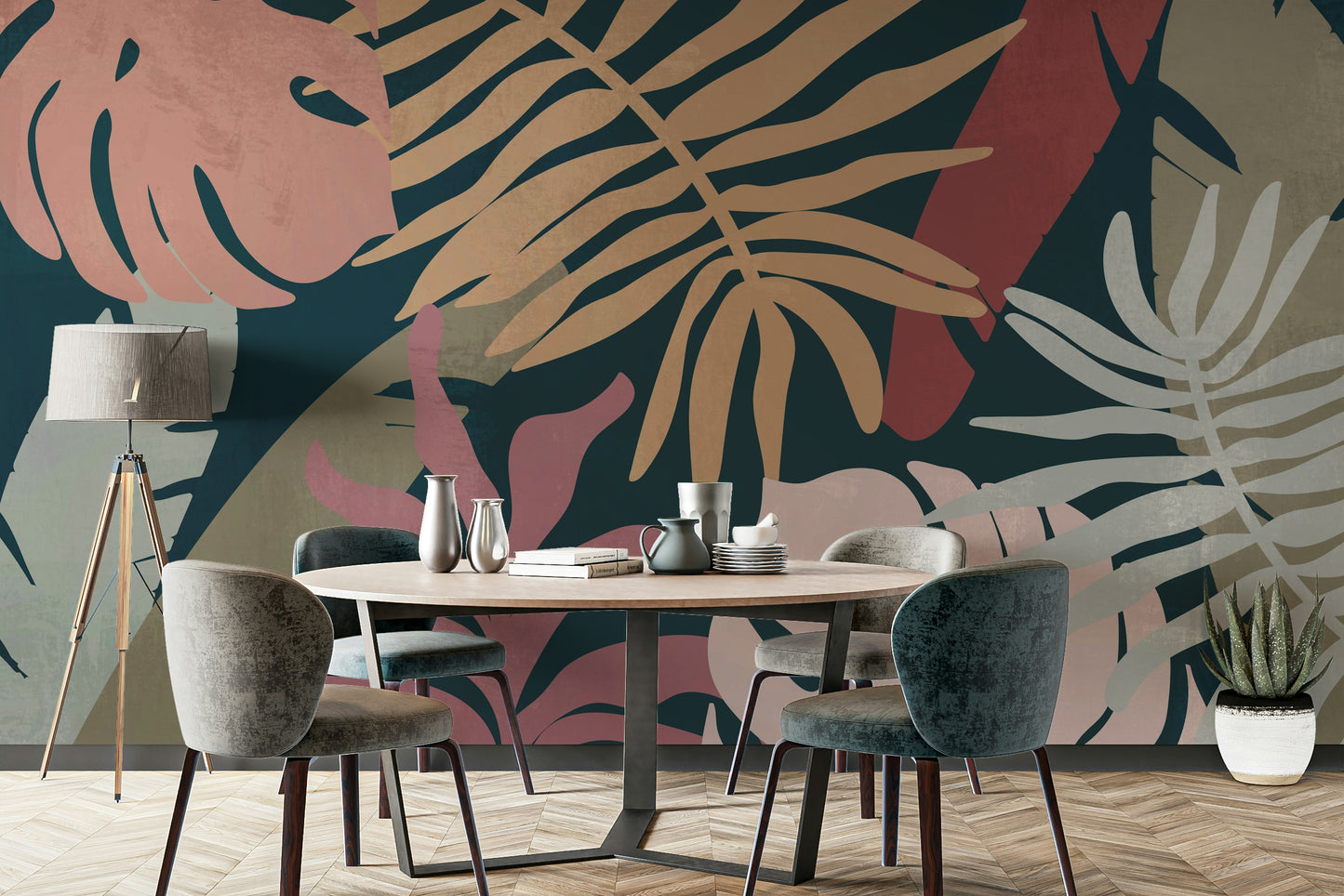 A graceful subtle leaf wall mural in cool, natural tones.

