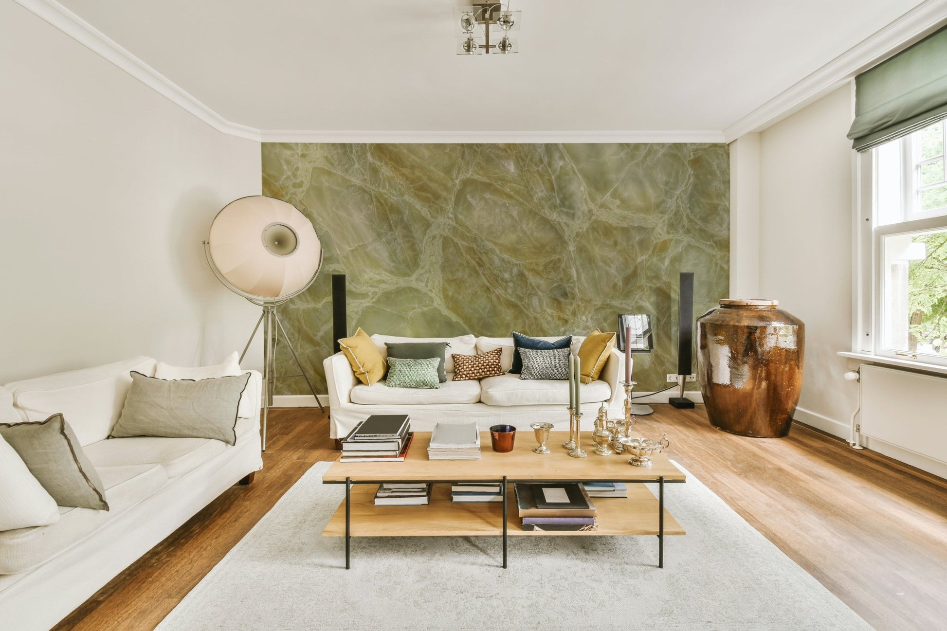 Harmonious palette of soft, neutral tones (whites, grays, creams) or pastels.

