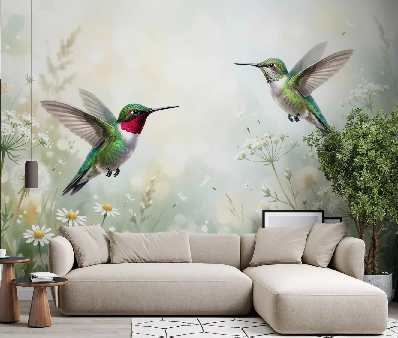 Living area styled with Serene Meadow Hum & Bloom wall mural and bloom detail