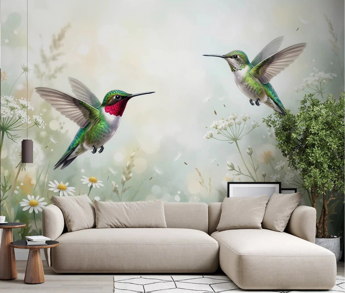 Living area styled with Serene Meadow Hum & Bloom wall mural and bloom detail, GD9017