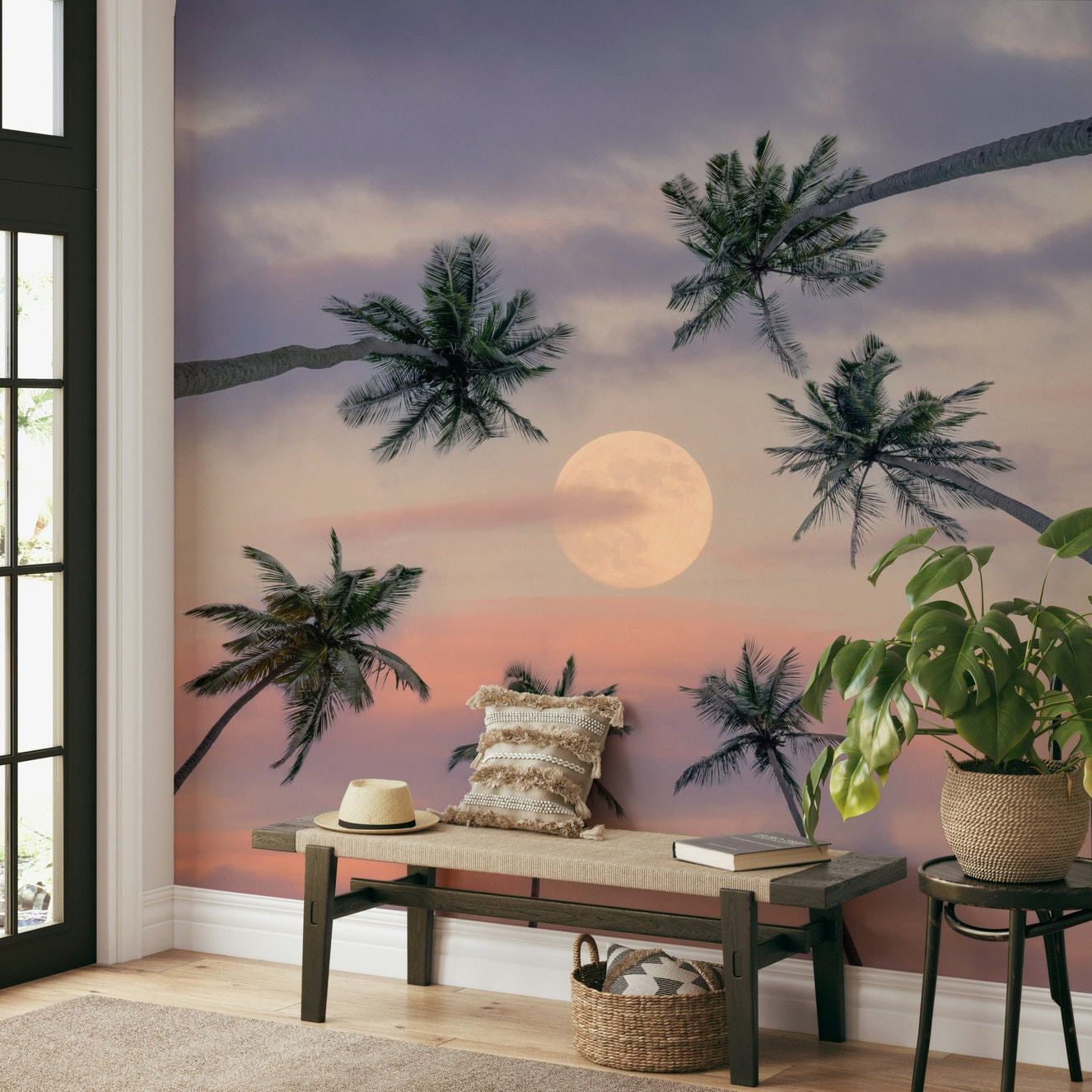 A beautiful palm tree wallpaper mural with a full moon.

