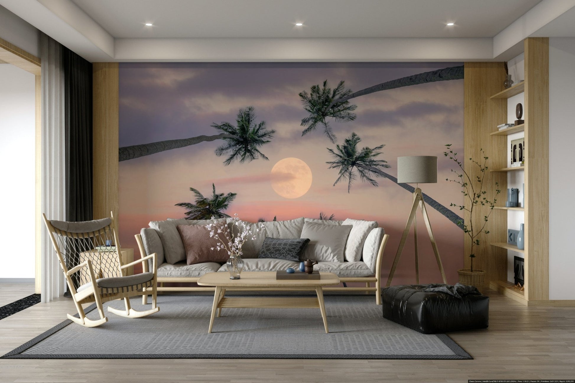 An artistic tropical sky mural on minimalist wallpaper.

