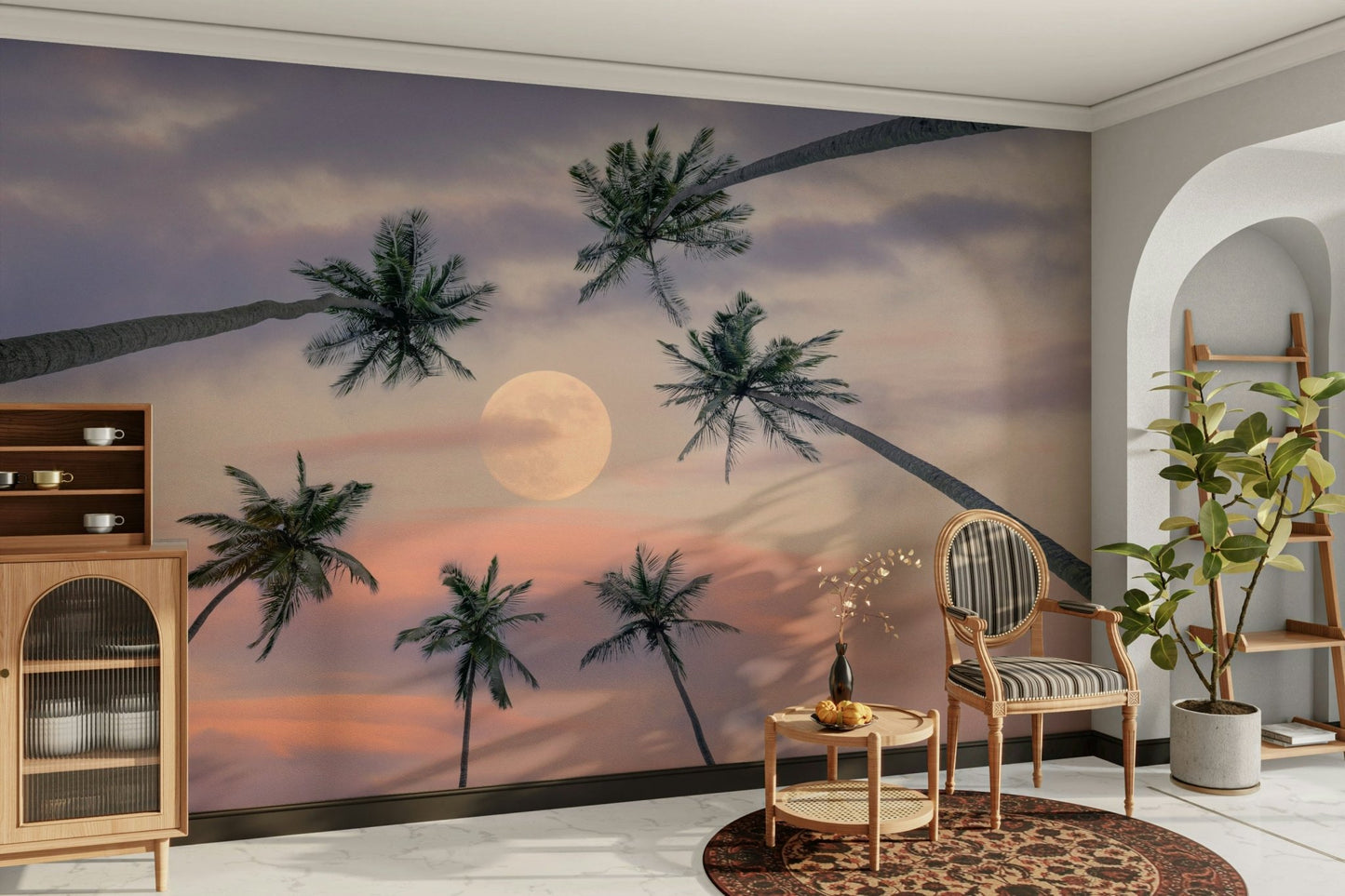 A peaceful tropical scene mural on decorative wallpaper.

