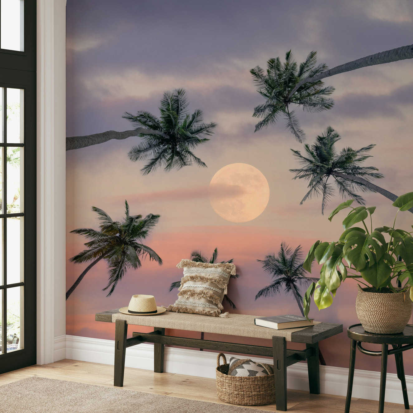 A beautiful palm tree wallpaper mural with a full moon.

