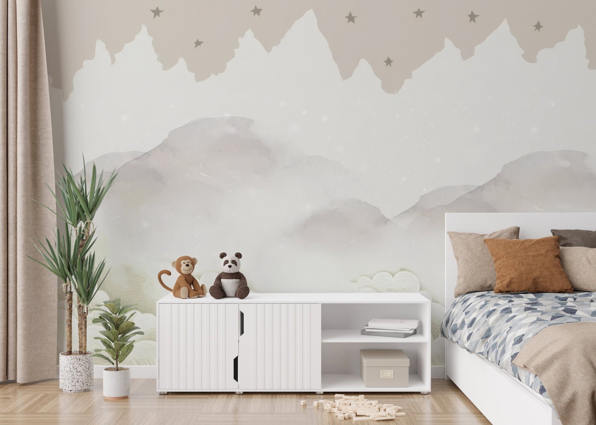 Mountain range mural with cloud-filled sky