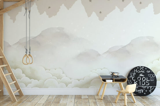 Serene mountain peaks mural with clouds, C74