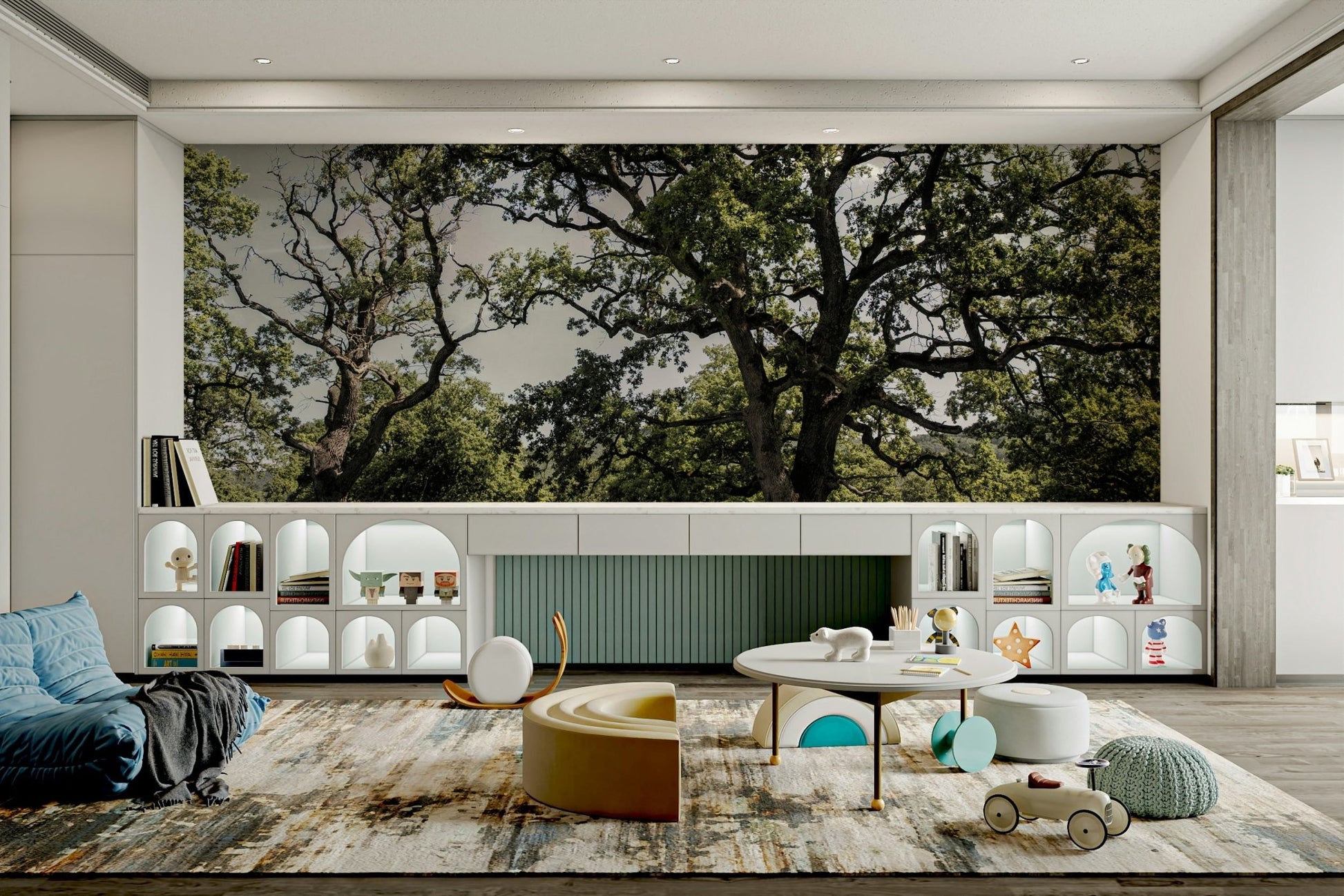 The wall mural is installed on a living room feature wall.

