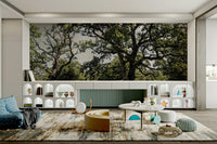 The wall mural is installed on a living room feature wall.

