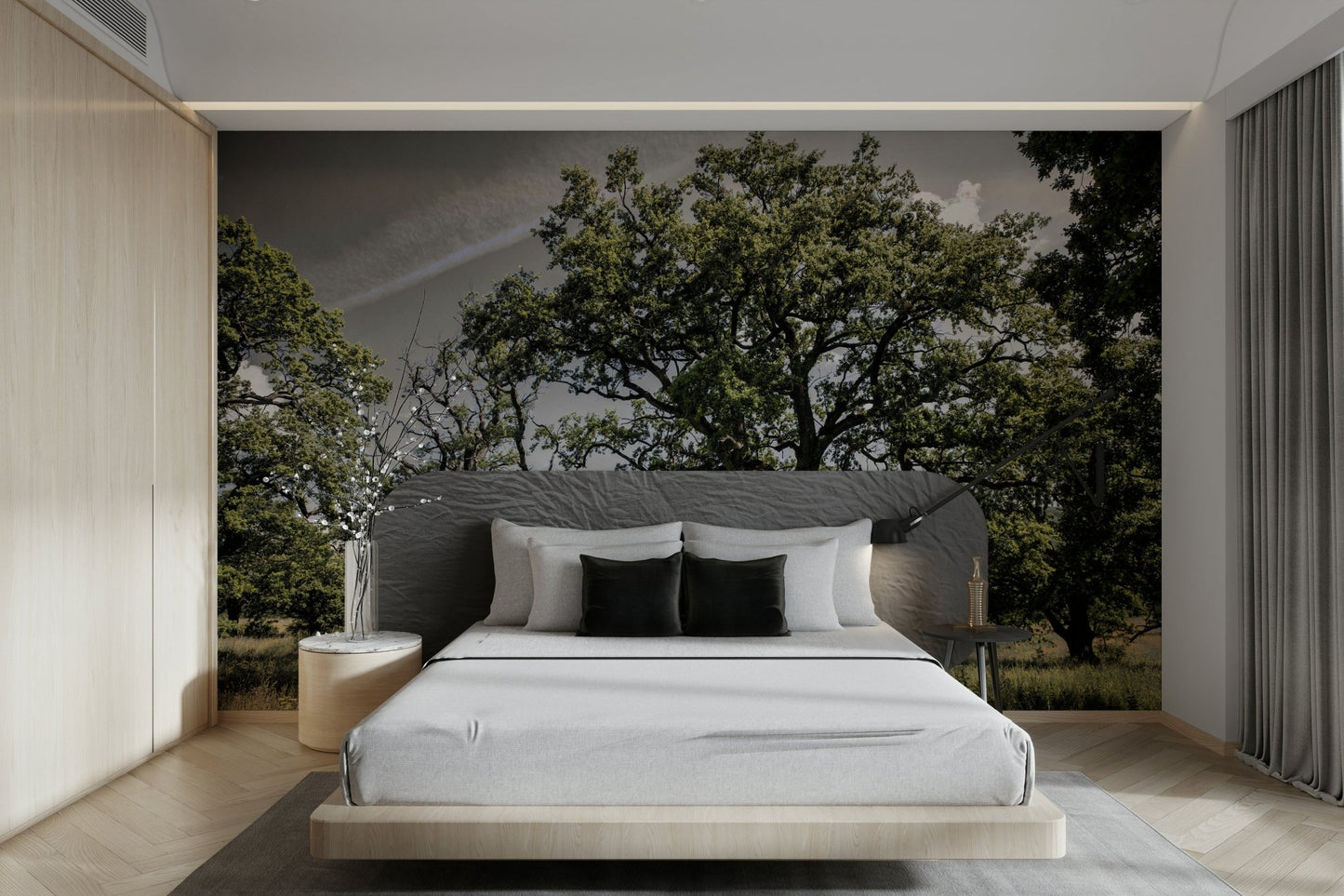 A photo-realistic wall mural of a serene oak grove.

