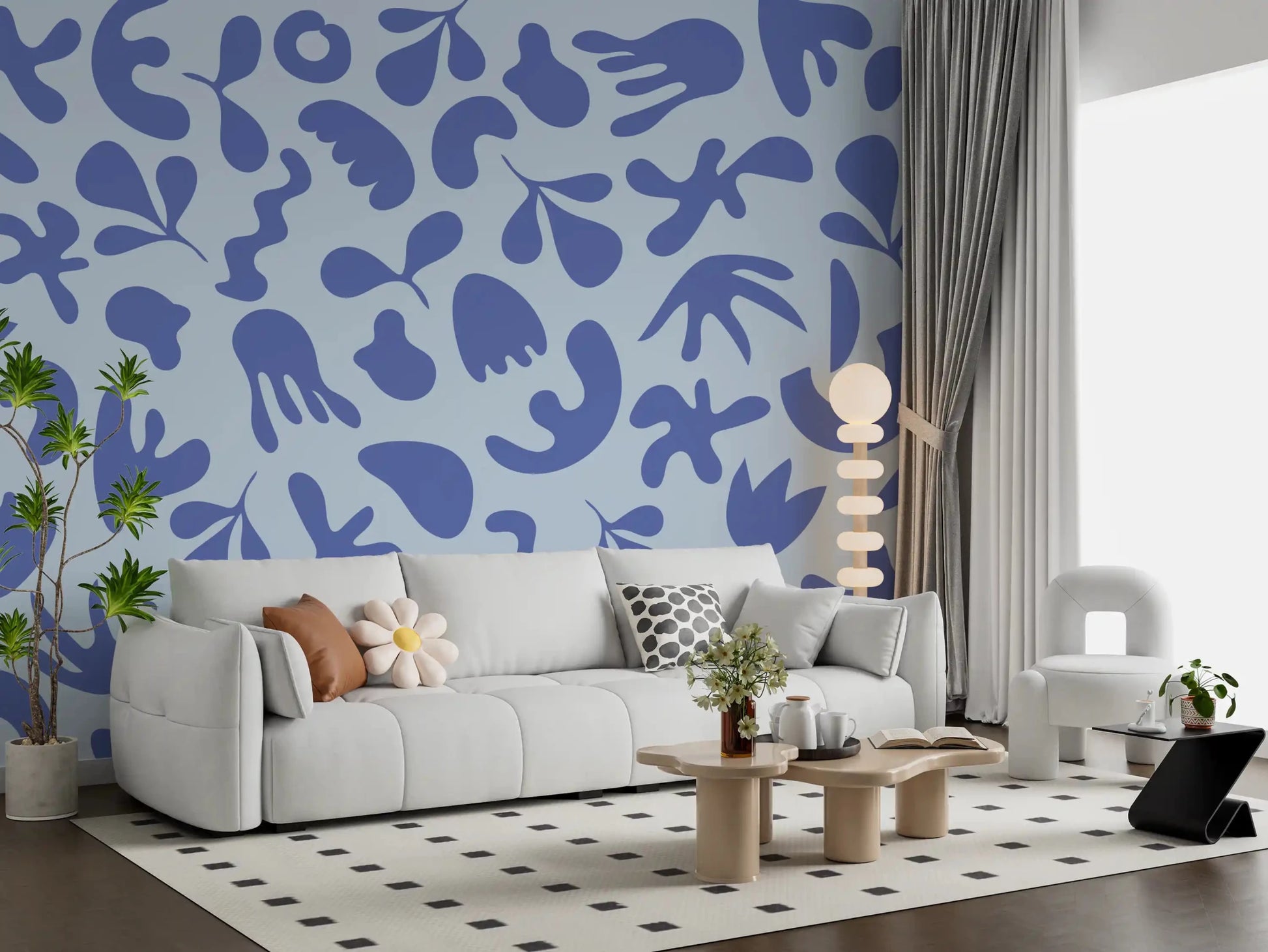 Pale background with Organic Flow wall mural in blue detail, GD9314