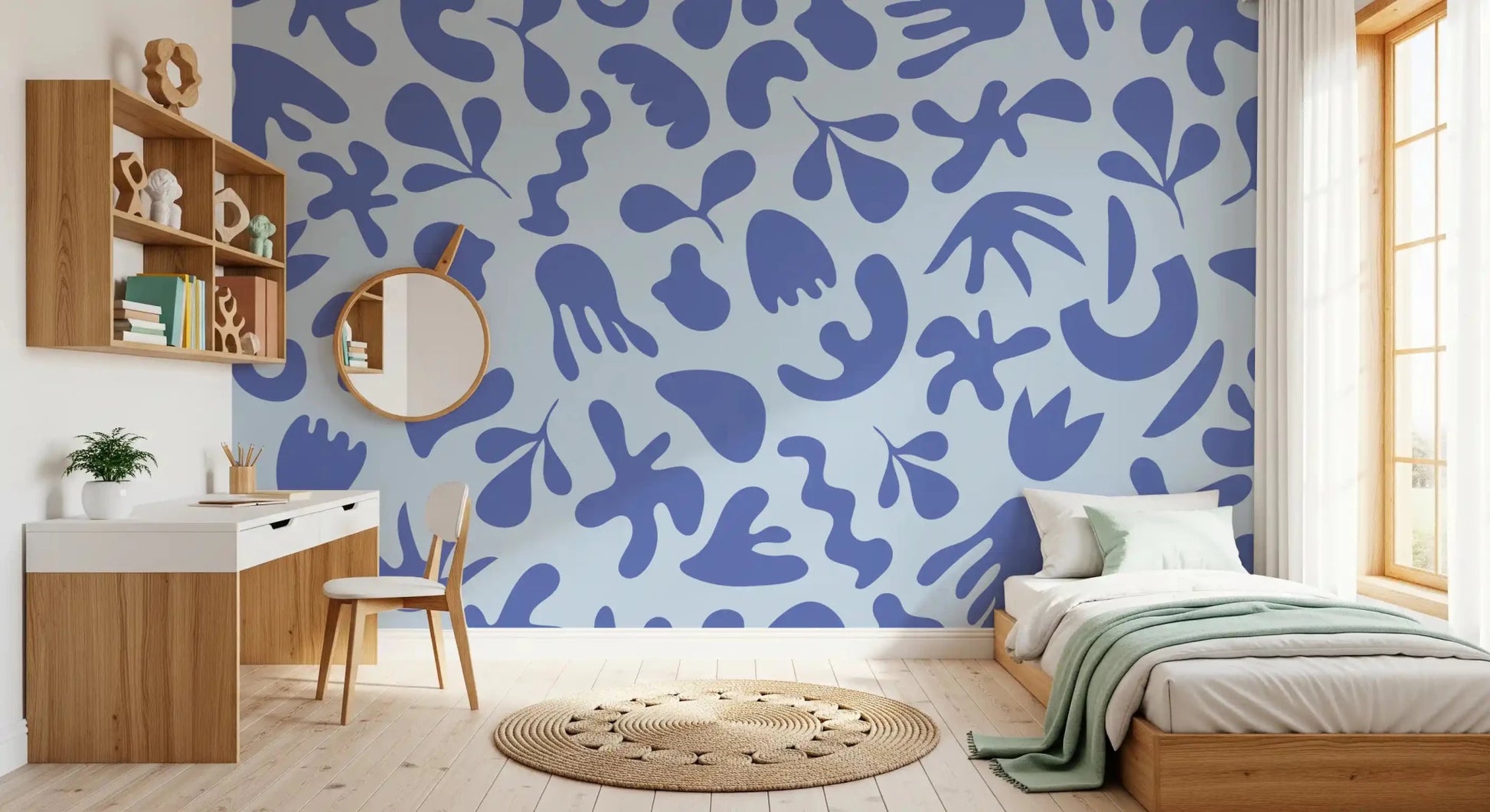 Bedroom styled with Serene Organic Flow wall mural in soft blue, GD9314
