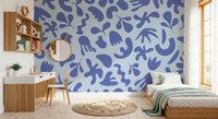 Bedroom styled with Serene Organic Flow wall mural in soft blue, GD9314