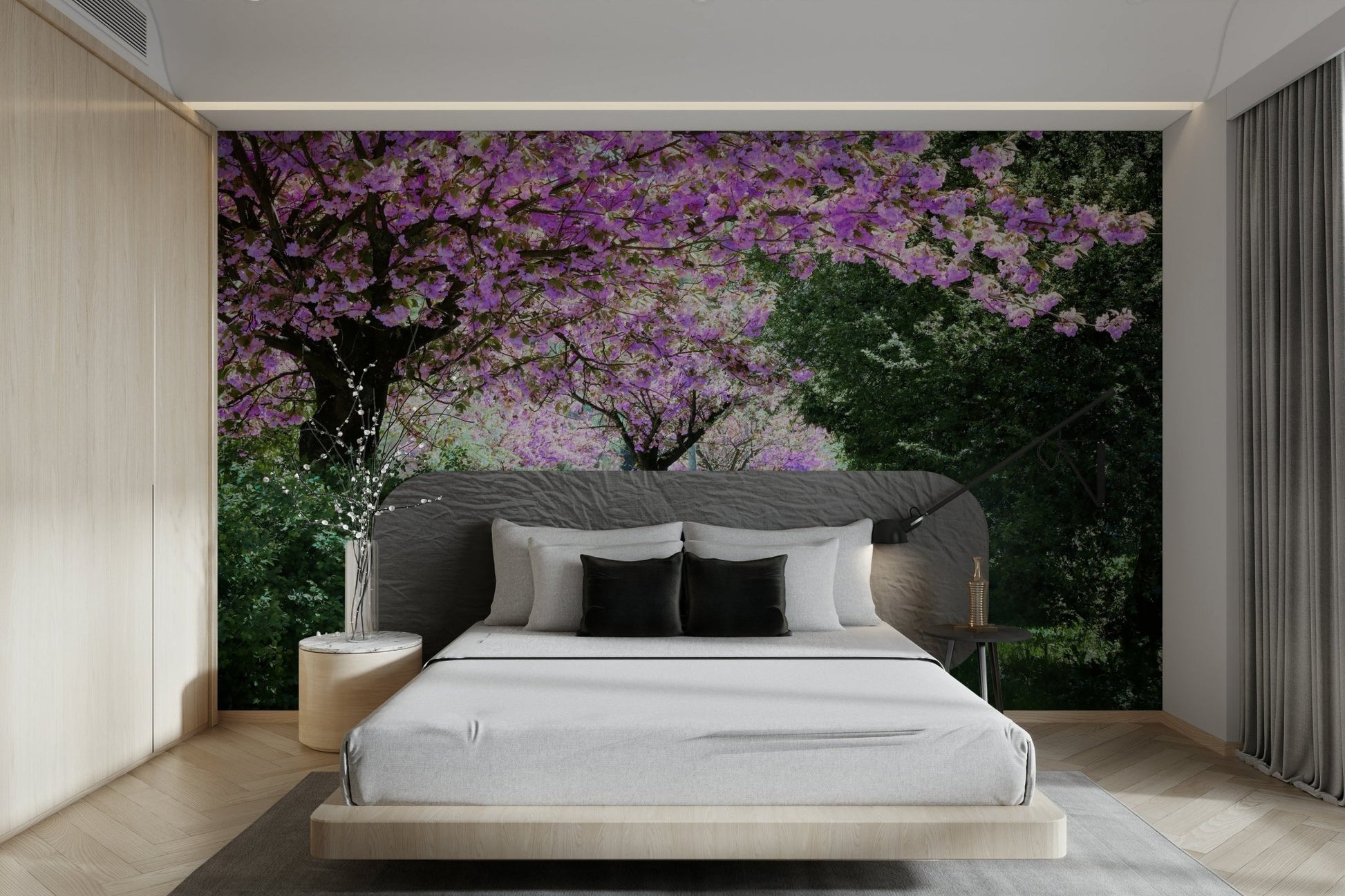 The wall mural is installed on a living room feature wall.

