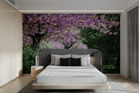 The wall mural is installed on a living room feature wall.

