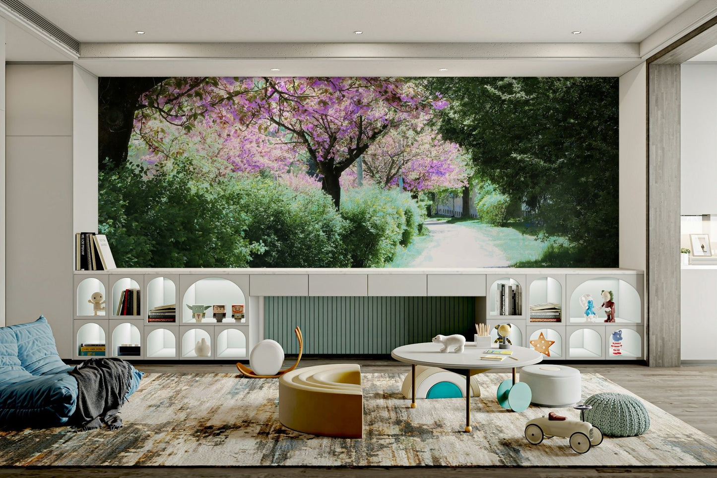 A photo-realistic wall mural of a serene pathway through blossoming trees.

