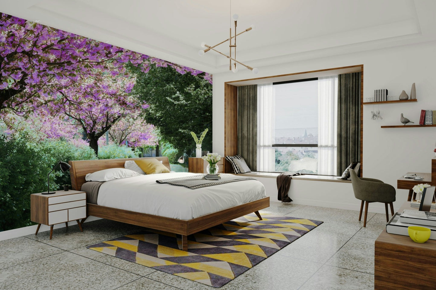 The room feels calm and fresh due to the natural scene.

