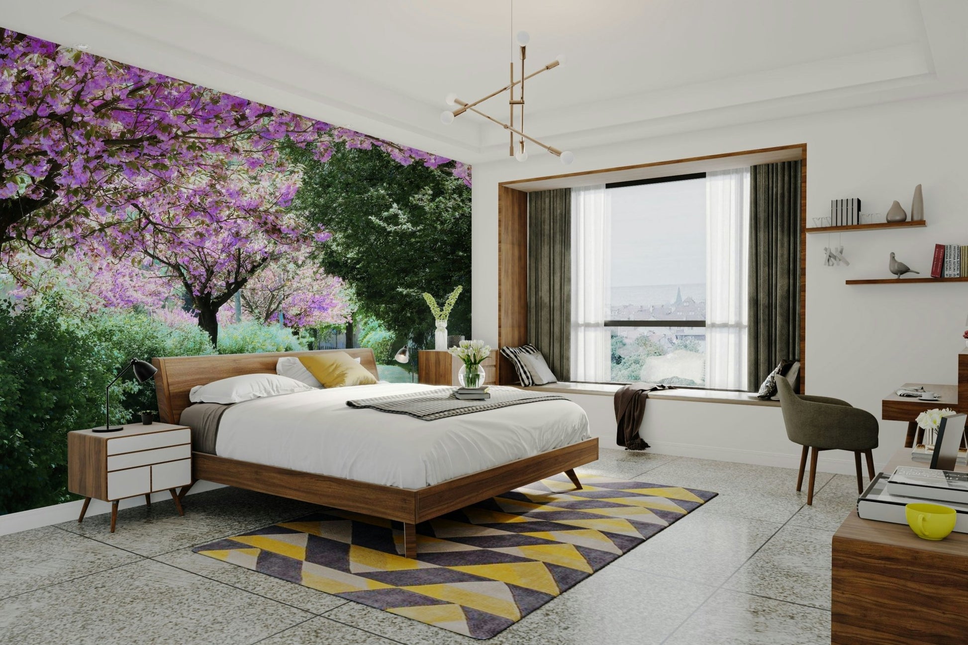 The room feels calm and fresh due to the natural scene.

