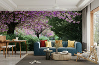 The wallpaper is applied seamlessly, making the path seem to continue into the room.

