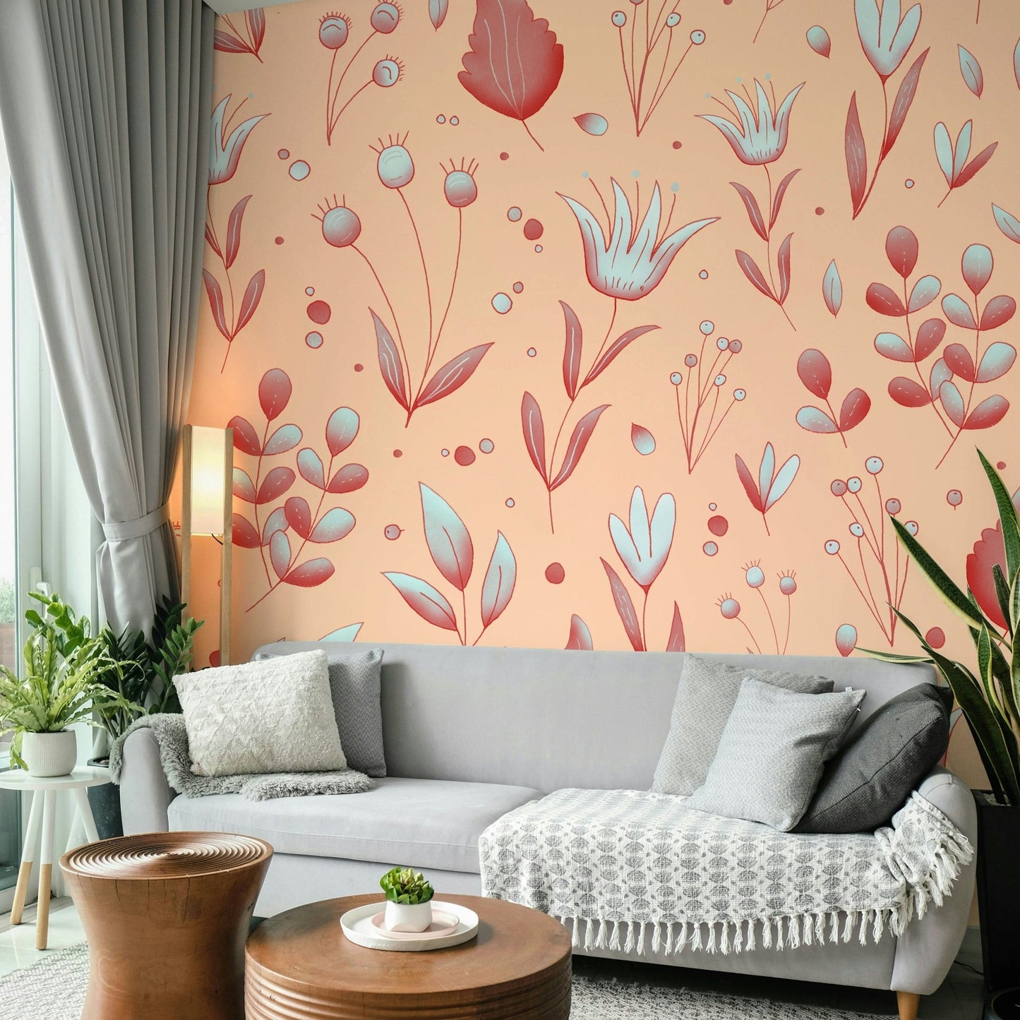 Peach and pink flower wallpaper close-up

