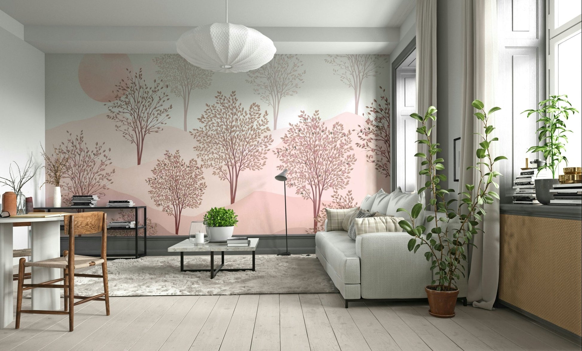 The trees have gentle, flowing branches.

