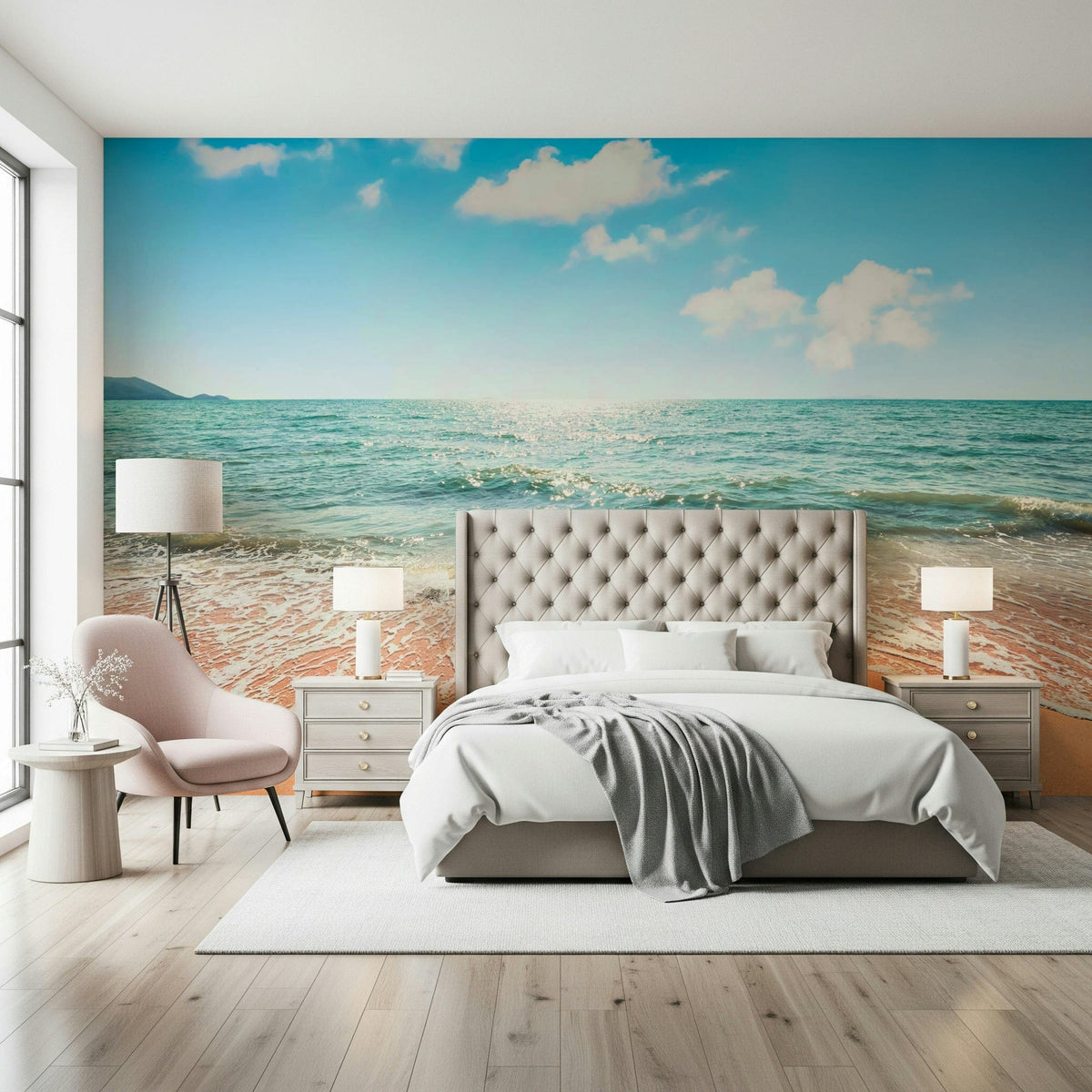 Serene pristine beach wall mural showing turquoise waves on golden sand GD7375