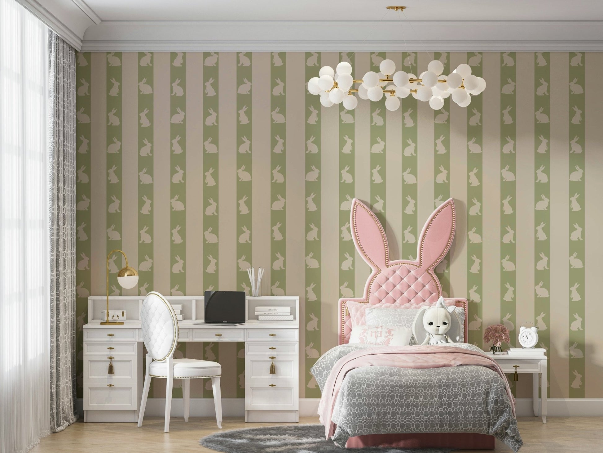 The design features a repeating pattern of small rabbits in rows.

