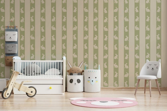 A peaceful wall mural with a whimsical rabbit pattern.

