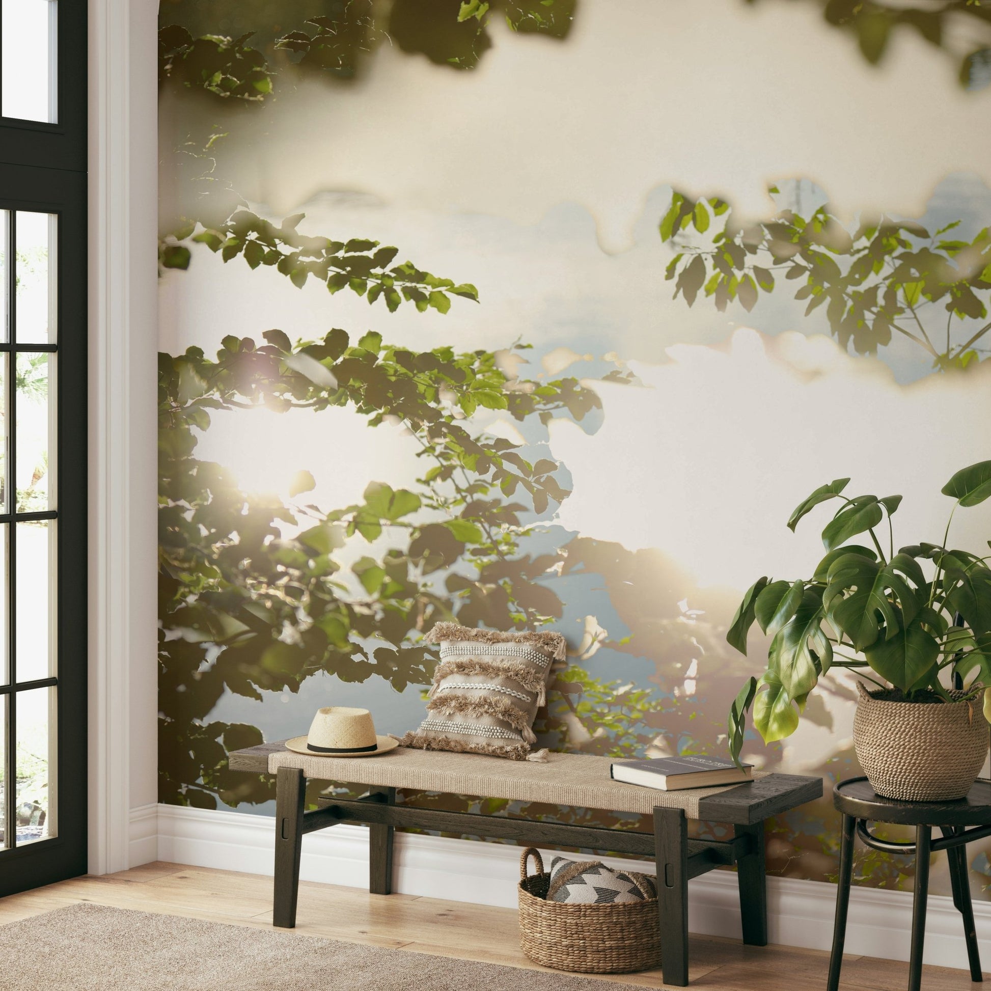 Serene Reflection of Nature: Leafy Water Scene Photography Wall Mural