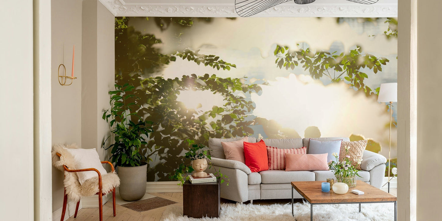 Serene Reflection of Nature: Leafy Water Scene Photography Wall Mural