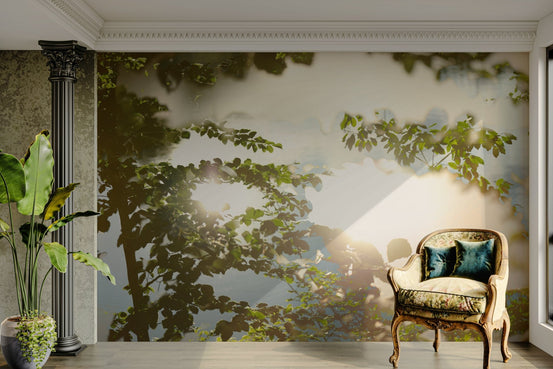 Serene Reflection of Nature: Leafy Water Scene Photography Wall Mural