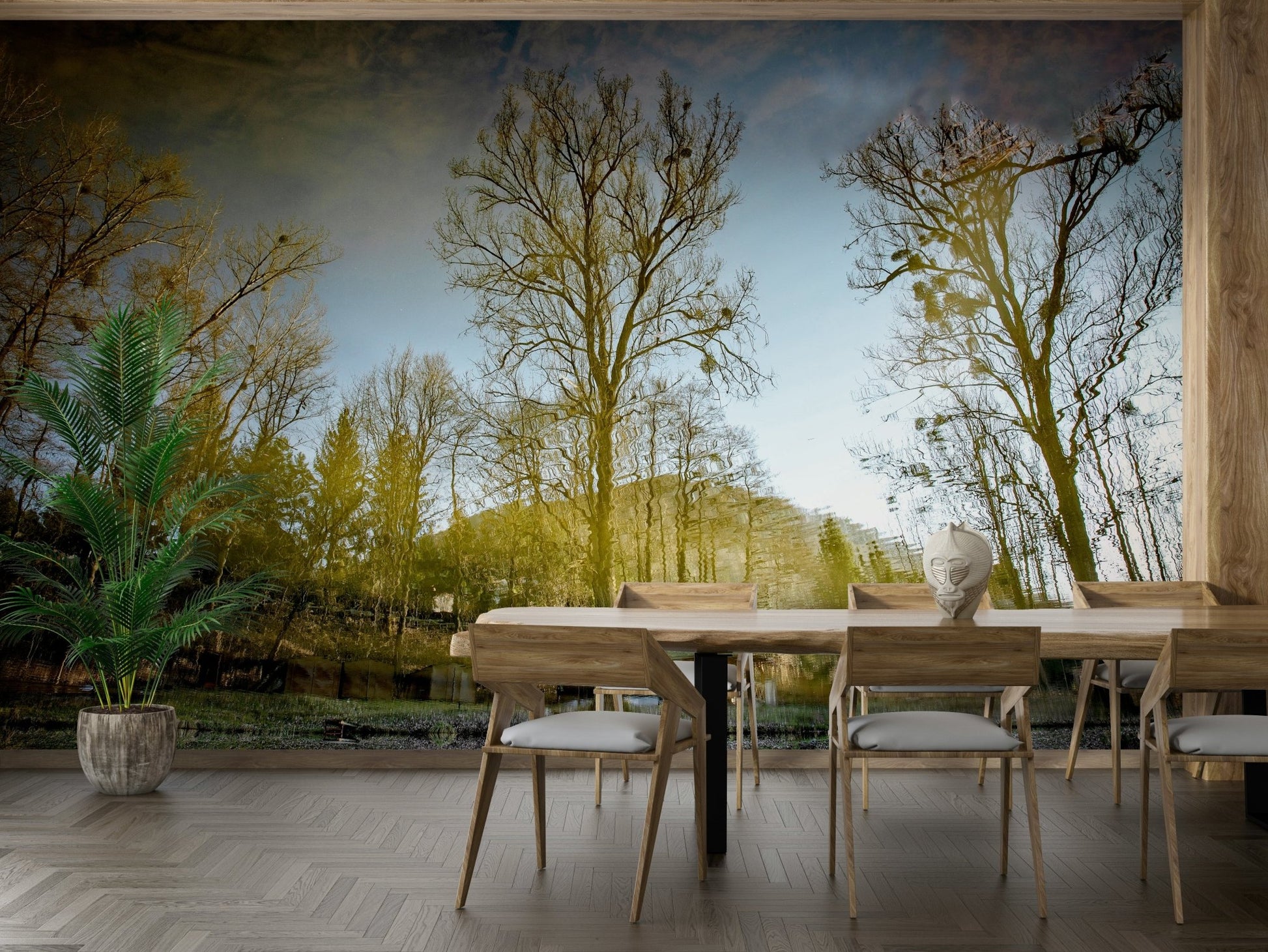 The wall mural is installed on a living room feature wall.

