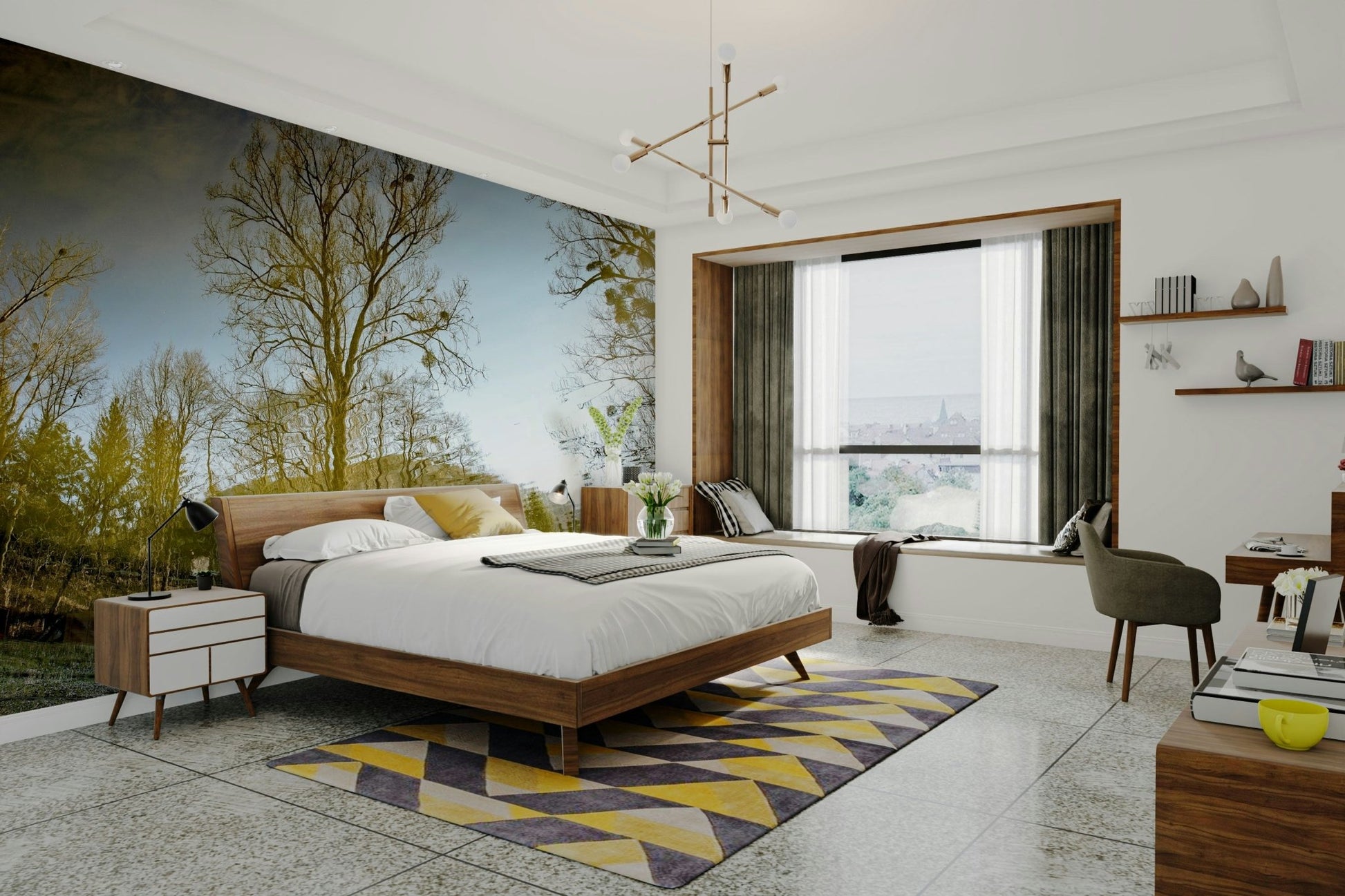 The Serene Reflection mural gives the space a quiet and natural feel.


