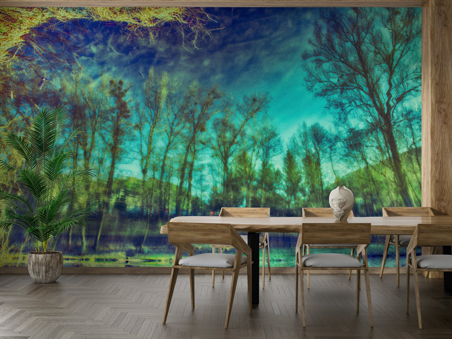 The blurry shapes suggest the vertical lines of trees and their reflections.

