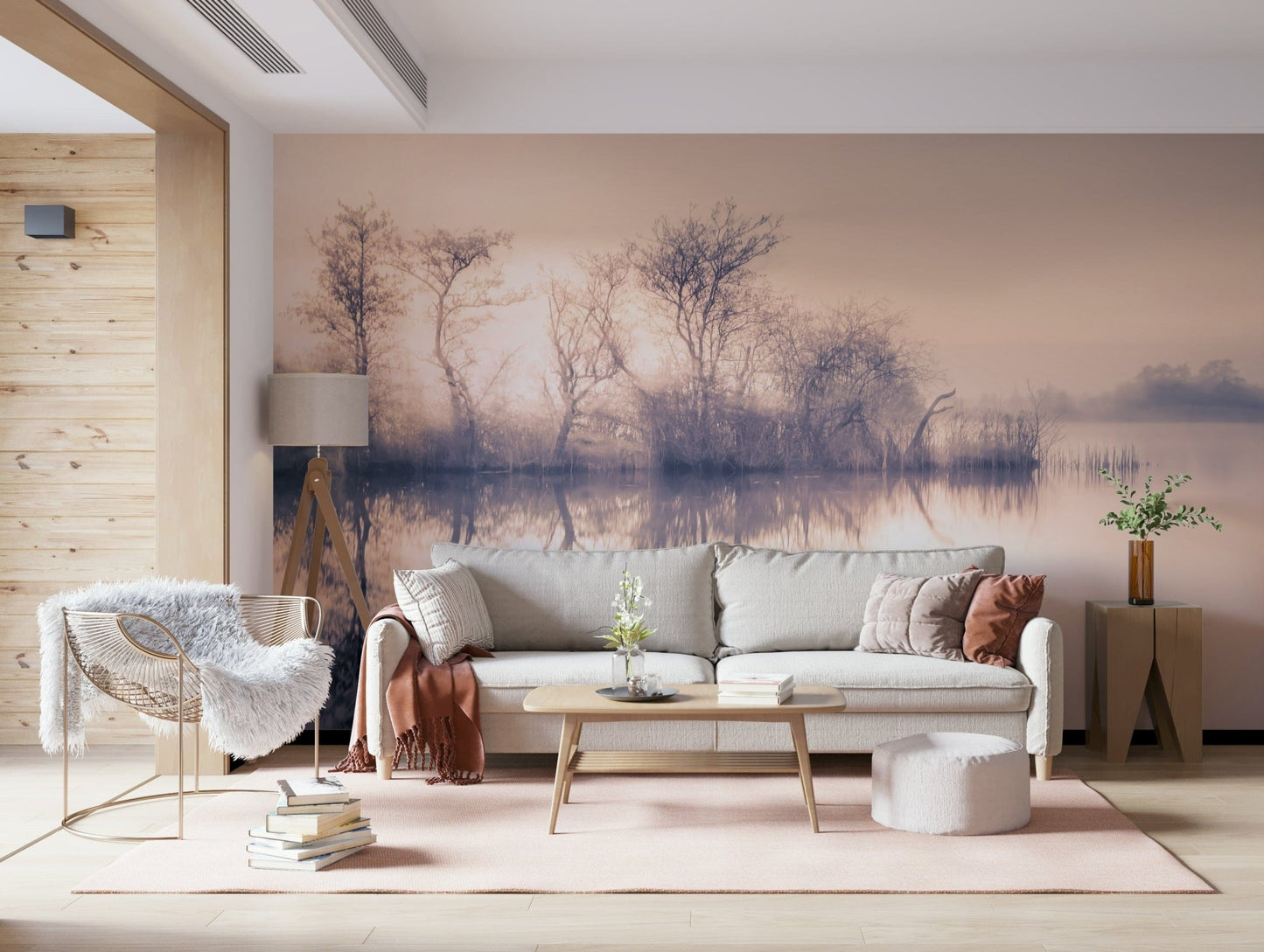 Serene Reflections misty lake landscape wallpaper calming design decor.