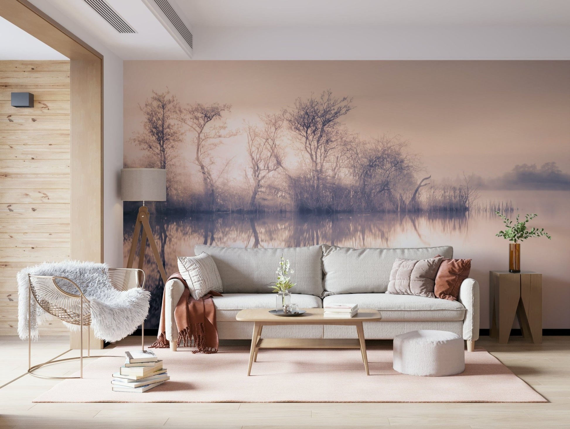 Serene Reflections misty lake landscape wallpaper calming design decor.