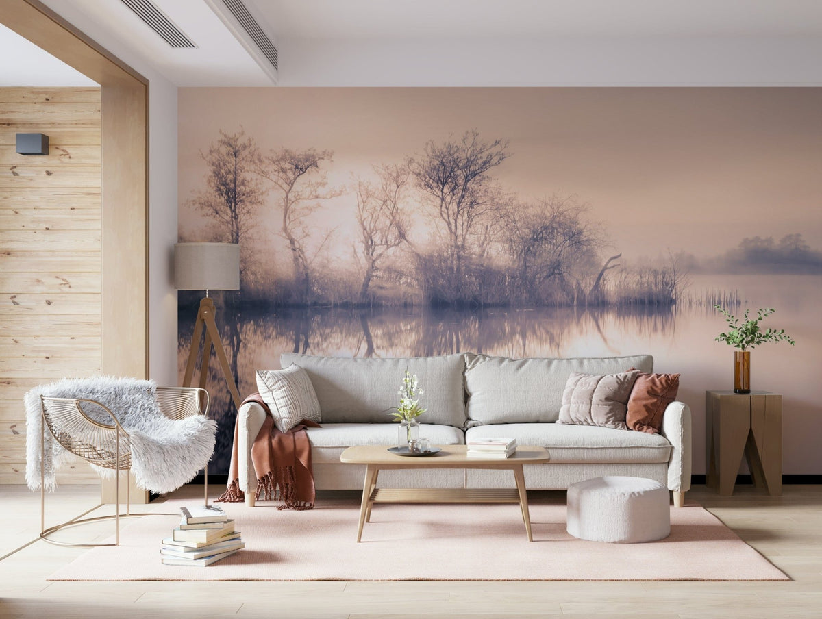 Serene Reflections misty lake landscape wallpaper calming design decor., GD6952