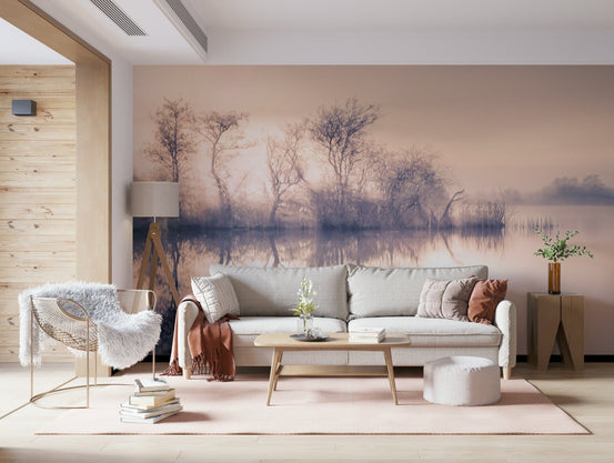 Serene Reflections misty lake landscape wallpaper calming design decor., GD6952