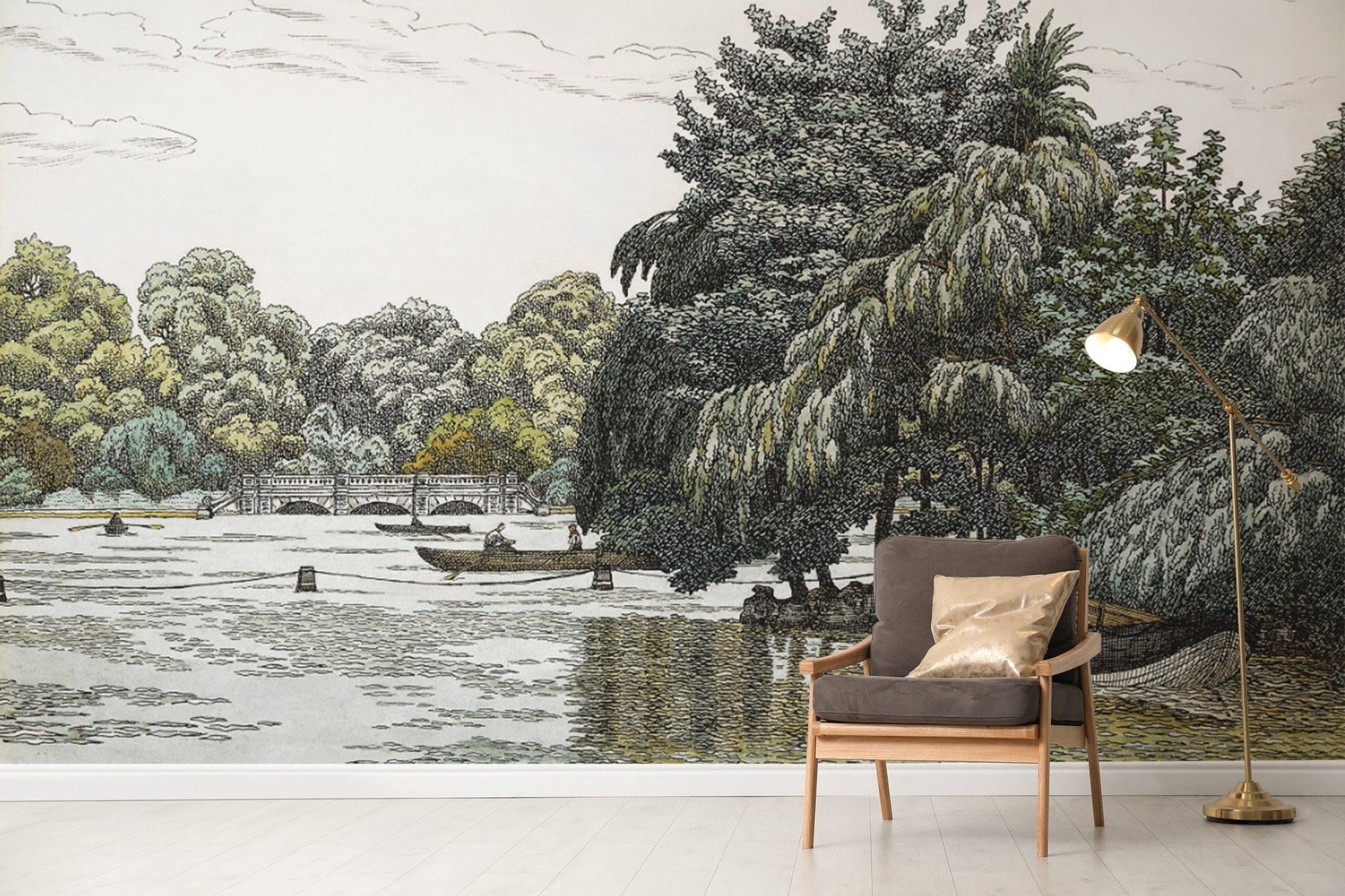 Vintage Lakeside Wallpaper with Boats B717
