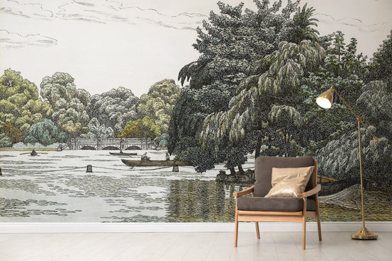 Vintage Lakeside Wallpaper with Boats B717

