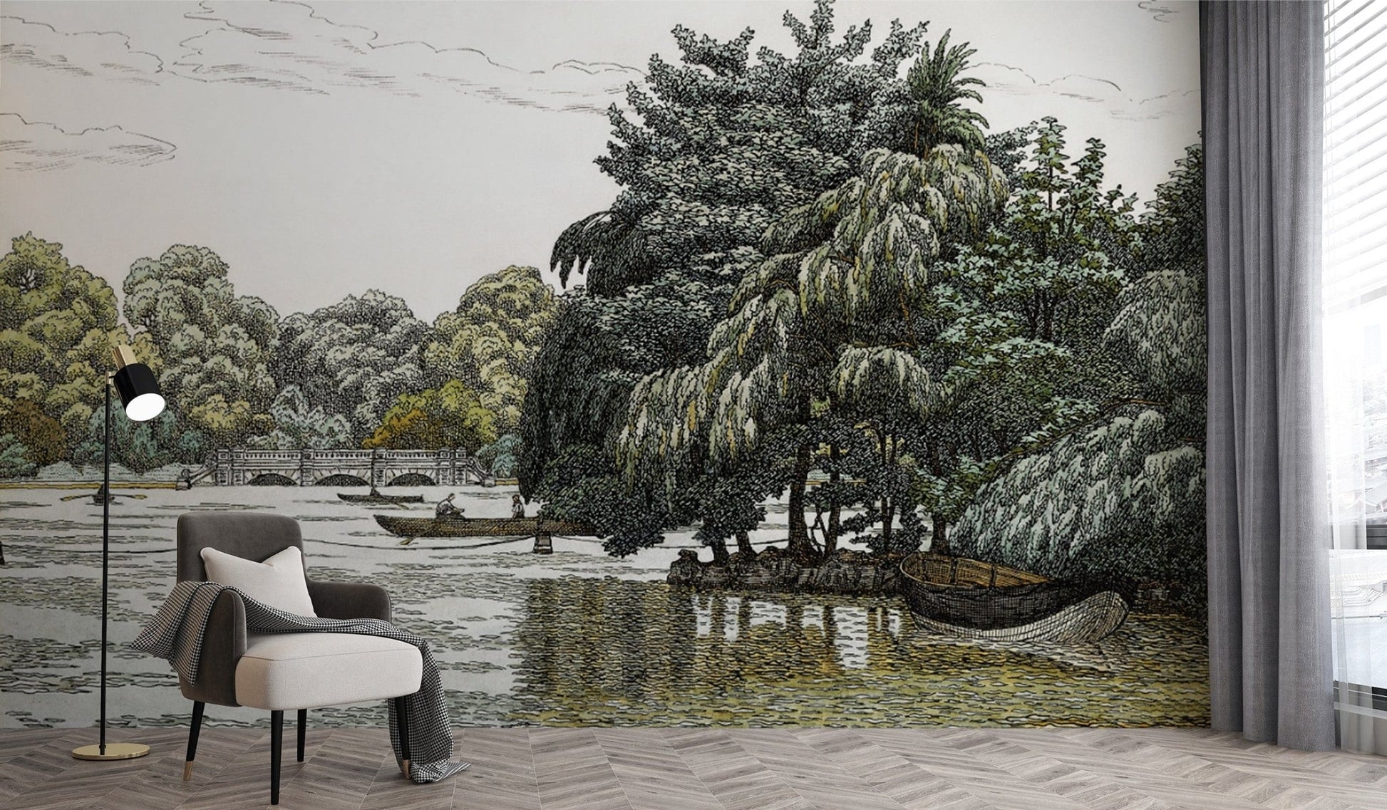 Hand-Drawn Riverside Landscape Mural
